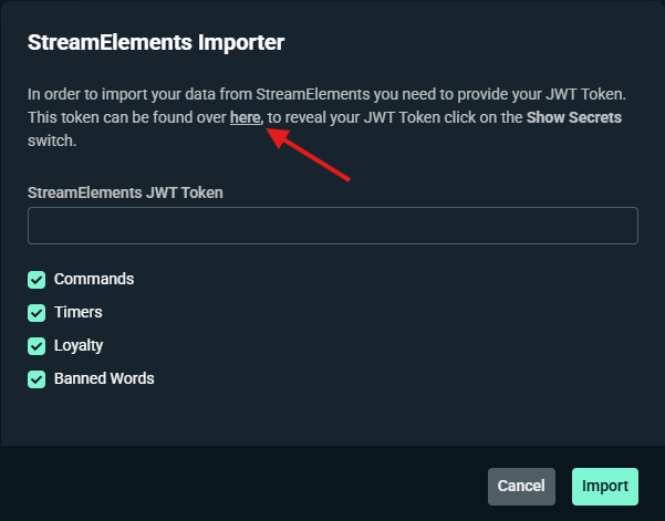 StreamElement Chatbot importer popup